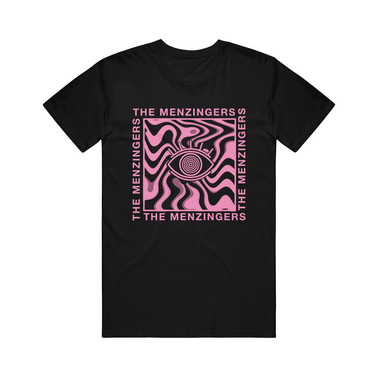 image of a black tee shirt on a white background. tee has a full center chest print in pink of a square with an eye ball in the center and wavy pattern around it. on the outside of the square on each side says the menzingers