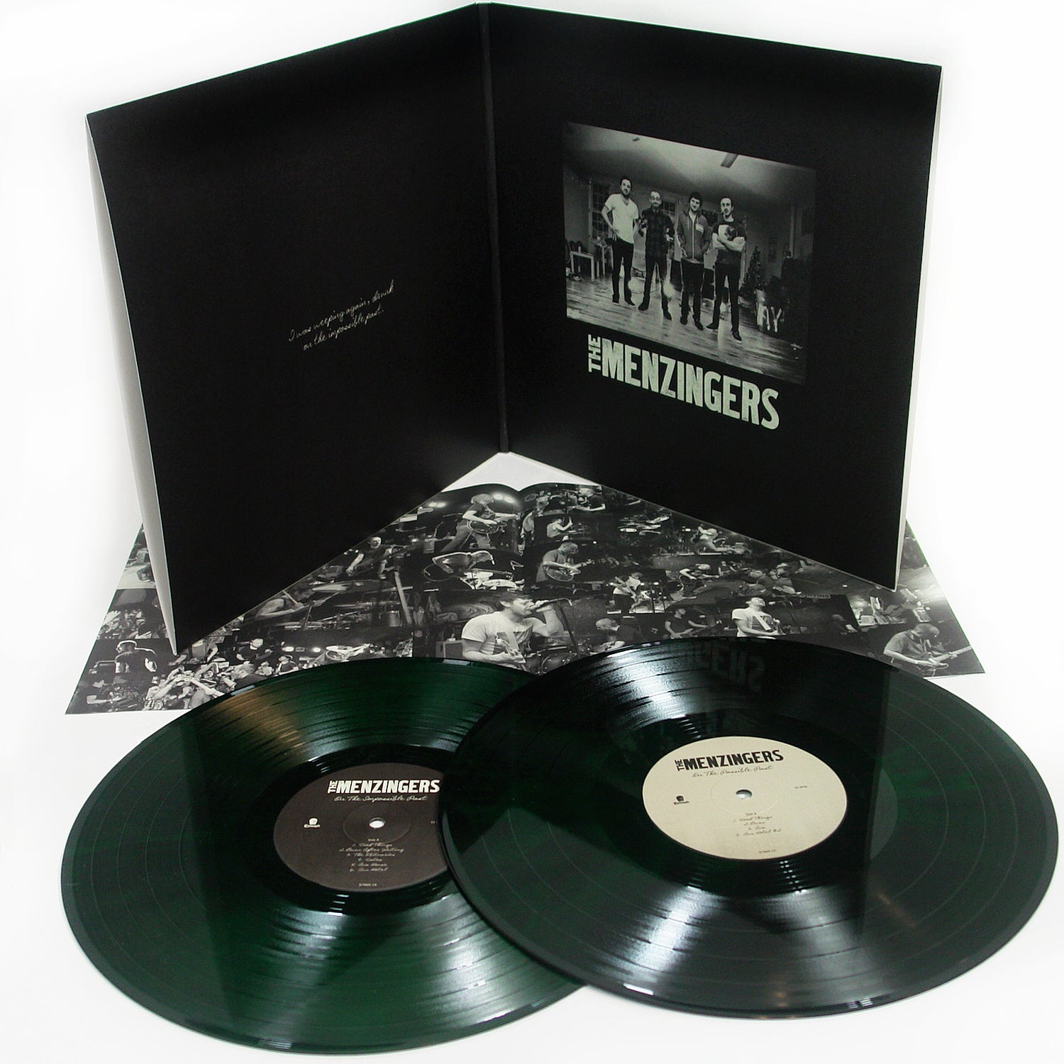 image of two neon green and black vinyls for the menzingers album on the impossible past on a white background. the album cover is a black and white photo of a woman with her hand over her chest and gatefold, open with the 8 page booklet laid out to show black and white images of the band playing at concerts