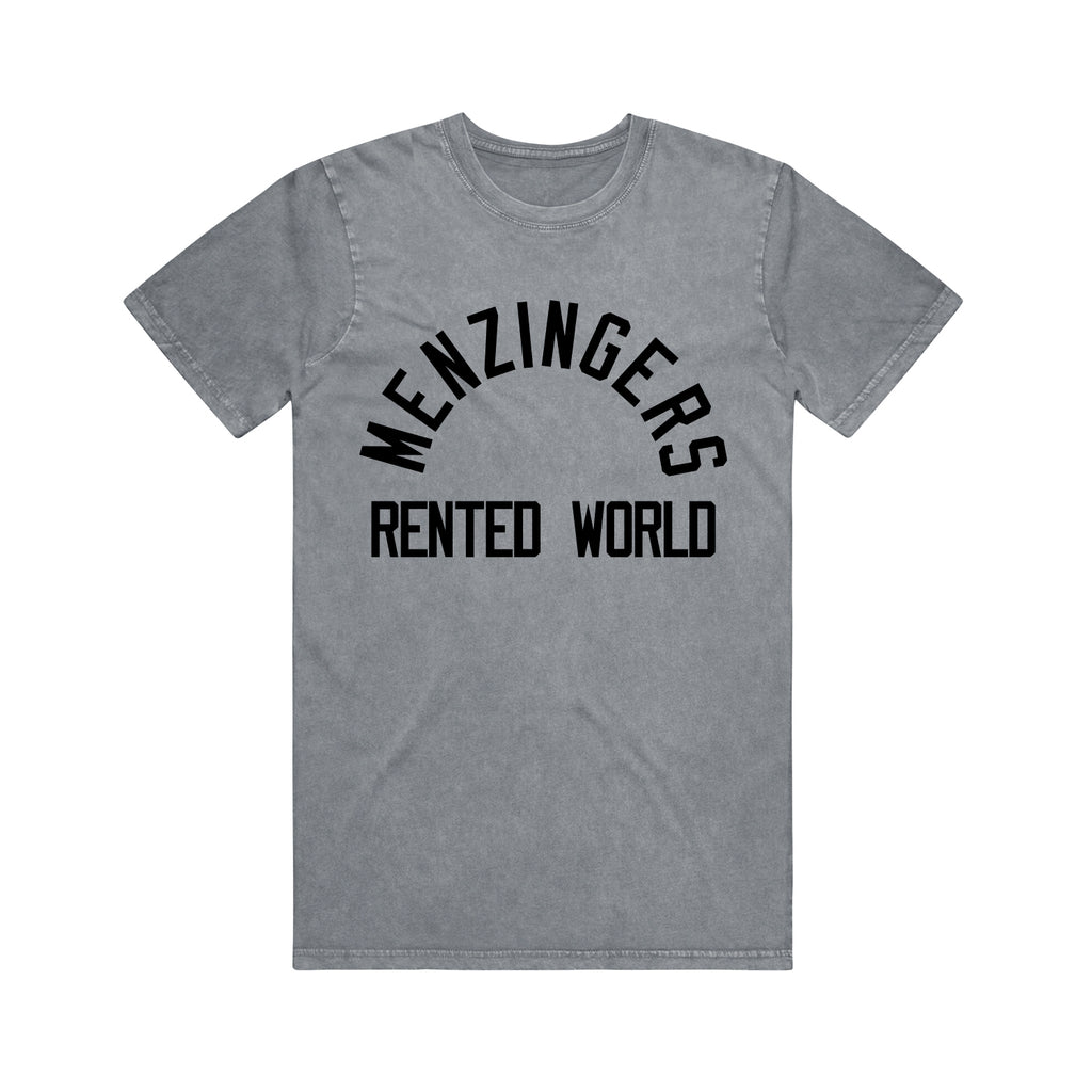 ash stone wash tee shirt on a white background. tee has full chest print in black with arched text on the top that says menzingers. below that horizonatlly it says rented world.