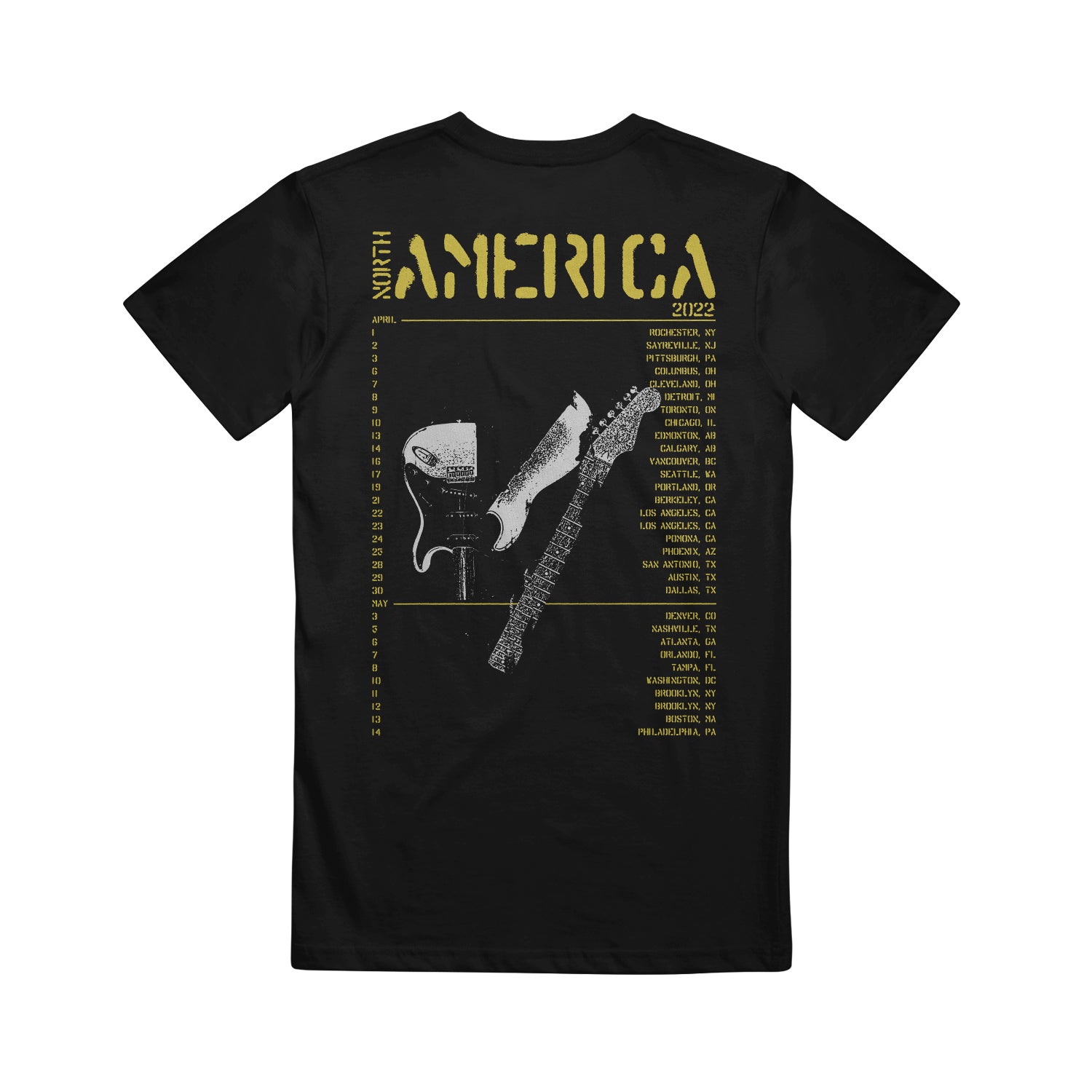 image of the back of a black tee shirt on a white background. the tee has in yellow at the top 2022 america with the list of tour dates and locations below and a broken guitar in the center.